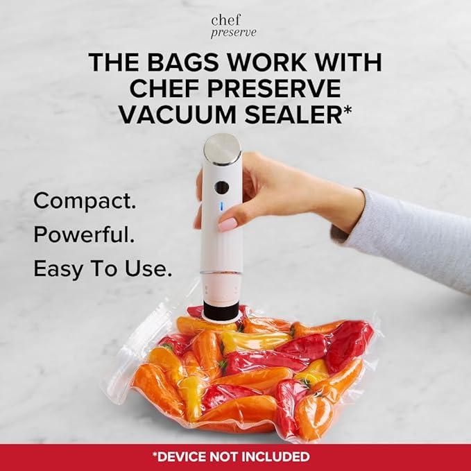 Chef Preserve Reusable Vacuum Sealer Bags for Food - 30 BPA-Free XL Large (12 x 20 in) Food Storage Bags, Freezer, Microwave - Odor-Resistant, Leak-Proof - Compatible with Chef Preserve Vacuum Sealers
