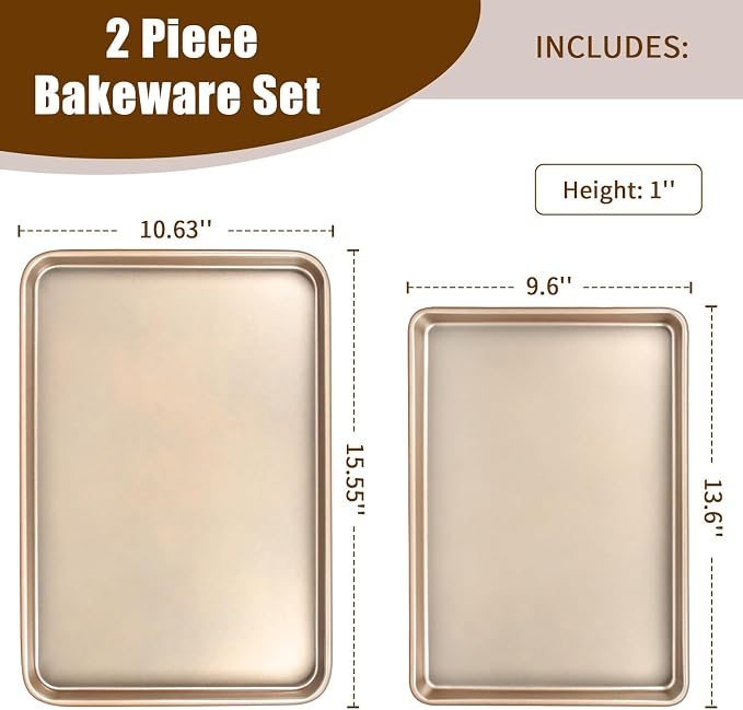 Wildone Baking Sheet Pan Set of 2, Nonstick Cookie Sheets for Baking | Thicker Carbon Steel Quarter Sheet Jelly Roll Pan, 9x13in, 10x15in, Heavy Duty & Easy Clean, Champagne Gold