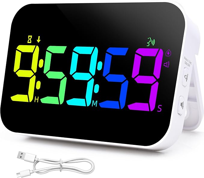 Kitchen Timer for Cooking, Rechargeable Digital Magnetic Timer with Large LED Display, Loud Alarm, Sound Countdown, 4 Volume Levels and 3 Brightness for Classroom, Study (RGB)
