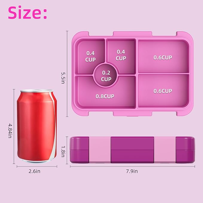 Bento Lunch Box for Kids, 5/6 Compartments, Rose Red | Dishwasher Safe Back to School Snack Bento Lunch Containers Boxes, Ideal Portion Sizes for On-the-Go Meal, Ages 3+, School
