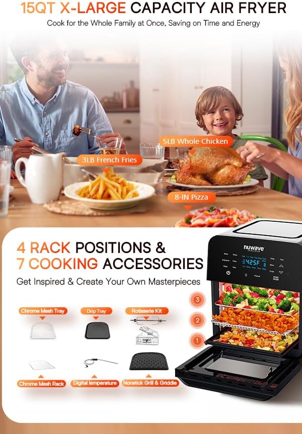Nuwave Brio 15.5Qt Air Fryer Rotisserie Oven, 50°-425°F Temp Controls