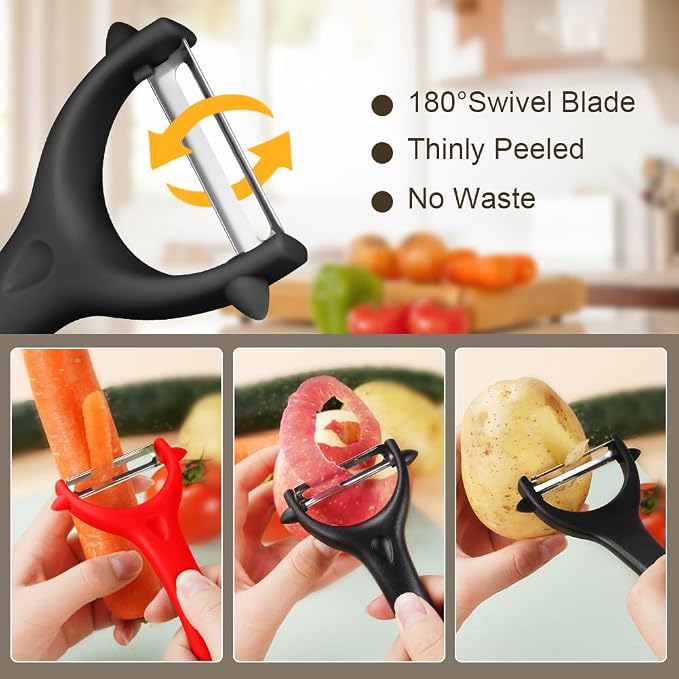 AUAUY 2Pcs Potato Peeler, Y-Shaped Swivel Vegetable Peeler, Black+Red | Fruit Peeler for Kitchen, Non-Slip Y Peeler, Ergonomic Handle Sharp Blade Stainless Steel Peeler, Veggie Peelers for Kitchen