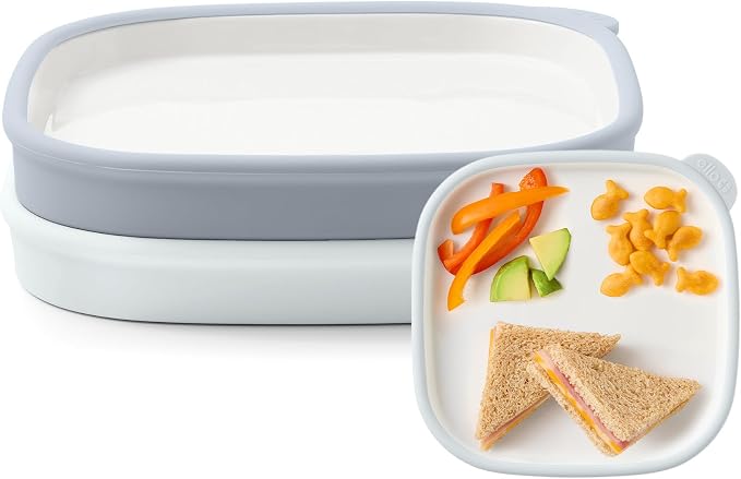 Ello Clean Start Ceramic Toddler Plates with Sleeves, 2 Pack, Quiet Tide/Tech Blue