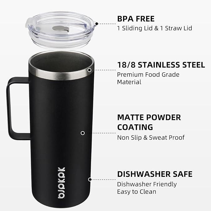 BJPKPK 32oz Insulated Coffee Mug with Handle, Stainless Steel Travel Mug | Keeps Drinks Hot & Cold, Double Wall Vacuum, 2 Lids Included, BPA-Free Coffee Tumbler for Home, Office & Travel