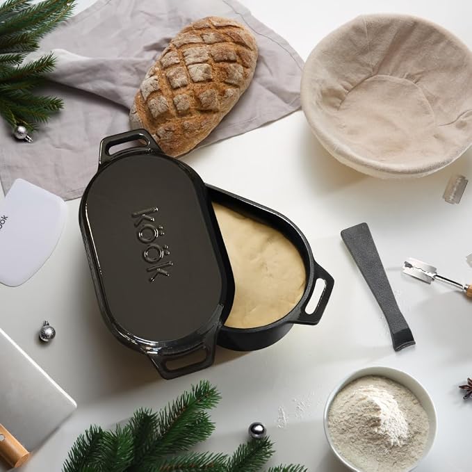 KooK Oval Dutch Oven, for Bread Baking, Sourdough Loaf Pan, with Lid, Dual Handles, Enameled Cast Iron, includes Lid Lever, Dishwasher Safe, 3.4 Qt, Black