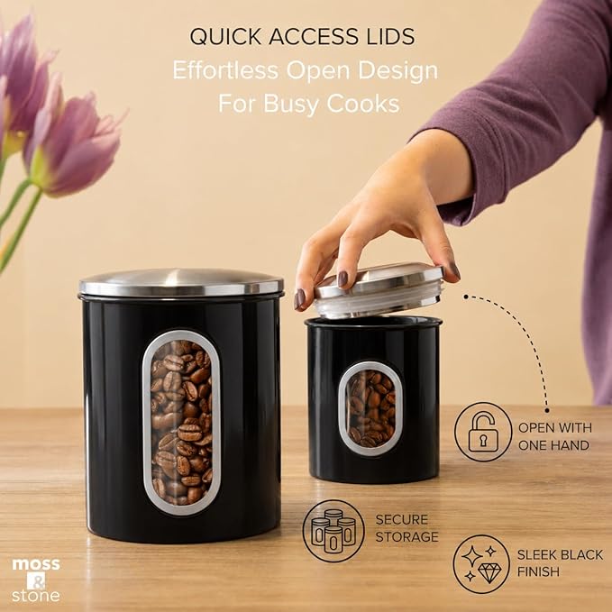 Moss & Stone 3-Pcs Black Canisters Set for Kitchen Storage Airtight Jars | See-through window, coffee container, tea organizer, sugar canister, 3 nesting sizes, counter decor, easy press-on lids
