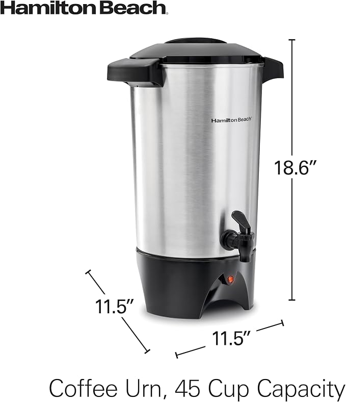 Hamilton Beach 45 Cup Coffee Urn and Hot Beverage Dispenser, Silver | Fast Brewing 1 Minute Per Cup | Makes 15-45 Cups | Two-Way Lever For Manual Or Continuous Pouring | Silver | 40515G