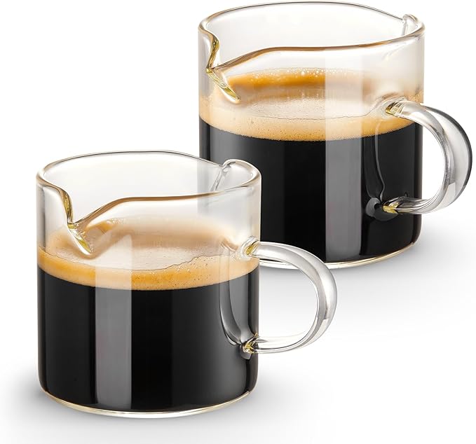 Qipecedm Espresso Cups Set of 2, 4 OZ Double Spouts Cups, Shot Glasses, Milk Cup with Handle, Clear Glass, Espresso Accessories for Machine, Small