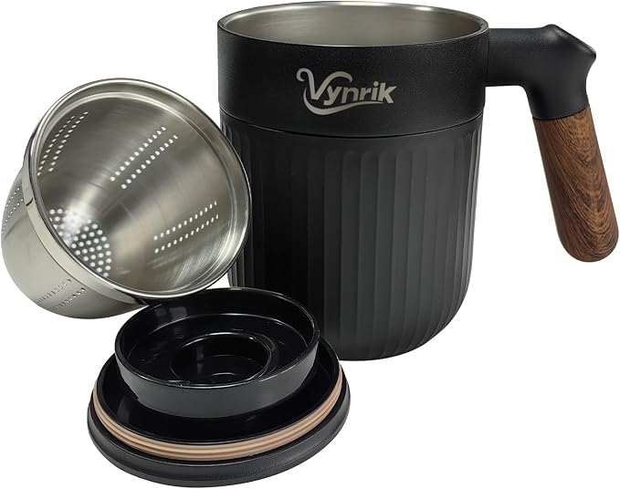 Tea Infuser Cup Doubles As Insulated Coffee Mug, Tea Cup With Lid And Handles, Removable Stainless Steel Tea Strainers For Loose Tea (Black)