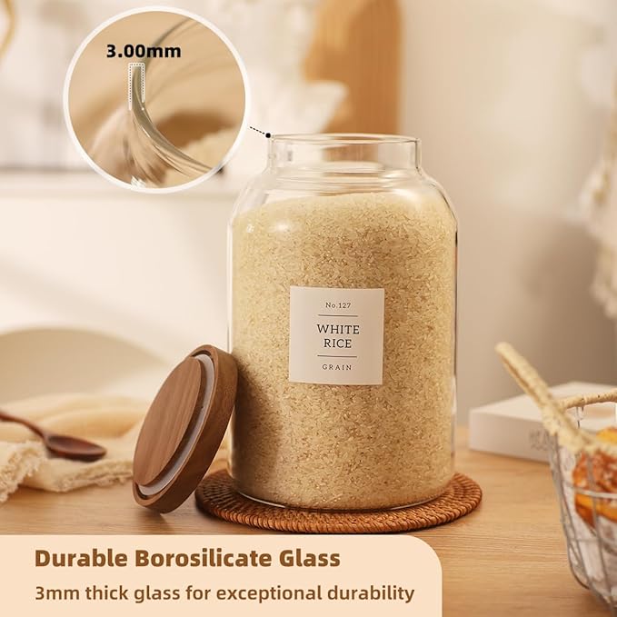 2 Pack Large Glass Flour and Sugar Storage Containers with Airtight Acacia Wood Lids and 132 Kitchen Pantey Labels Preprint - 1 Gallon Borosilicate Glass Canister Sets for Food,Pasta,Cookie,Rice
