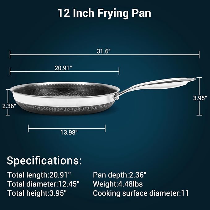 12 Inch Tri-Ply Stainless Steel Hybrid Frying Pan with Lid - Ceramic Nonstick Skillet, Induction & Oven Safe 600°F, PFAS/PFOA Free Professional Clad Cookware