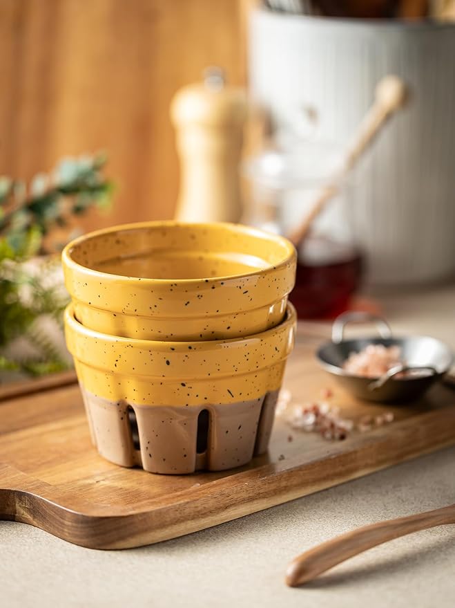 Gomakren Ceramic Berry Bowls with Holes Set of 2 for Fridge Yellow + Brown | Drain holes keep berries fresh, stackable, wash & serve, round strawberry basket for fridge kitchen counter, lovely home gift