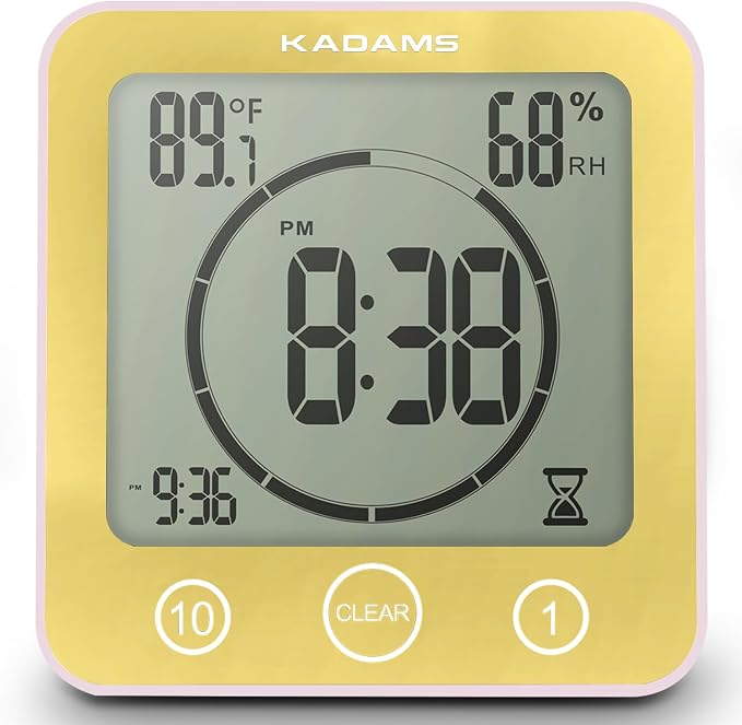 KADAMS Shower Clock Waterproof Bathroom Timer – Digital Wall Clock with Countdown, Magnetic Kitchen Clock with Temperature & Humidity, Suction Cup for Kids Shower Spa Sauna Cook Bath (Yellow)