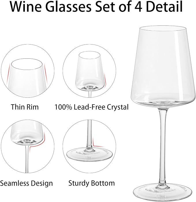 White Wine Glasses Set of 4, 13.5oz, Lead-Free, Dishwasher Safe | Hand Blown Crystal, Long Stem, Modern Square Design, Ready to Gift, Wedding Parties Christmas Daily Use