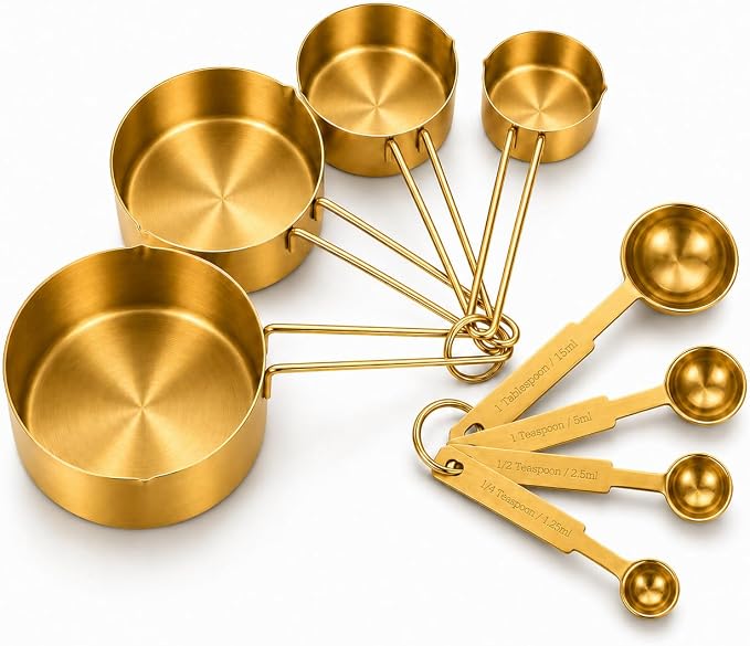 Gold Measuring Cups and Spoons Set, 8 Piece Stainless Steel Measuring Cup and Spoon Set for Baking and Cooking, Stackable Gold Kitchen Measuring Utensils for Dry and Liquid Ingredients