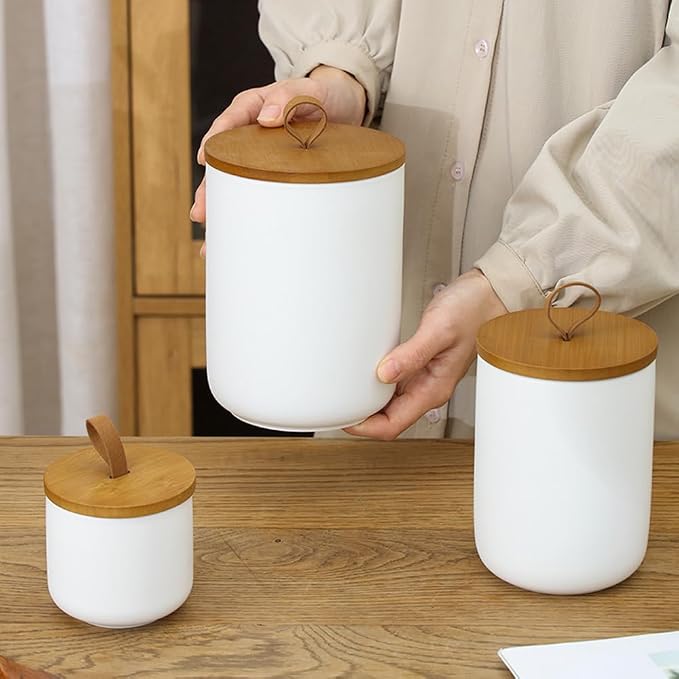 Ceramic Storage Jars, Modern Airtight Canisters with Wooden Lid (White tuba)