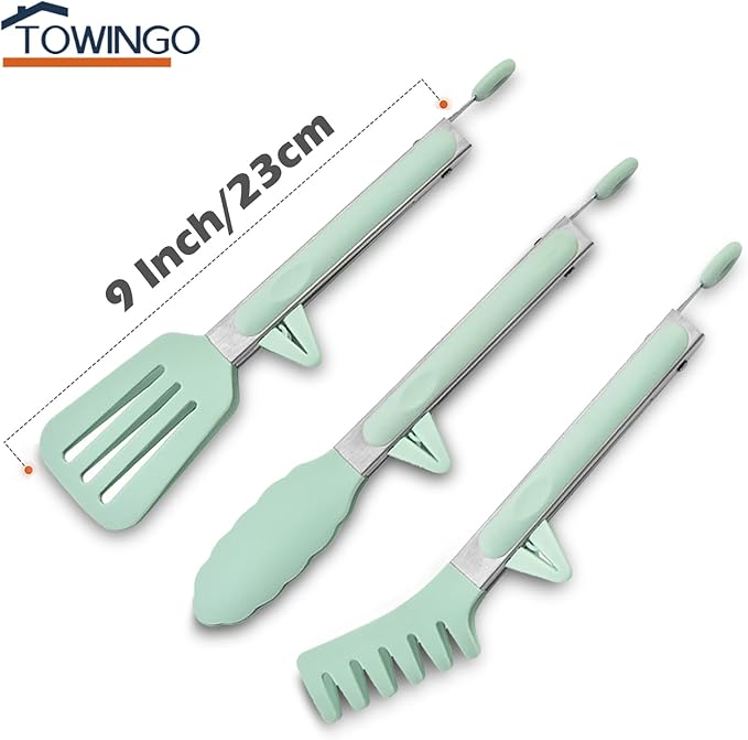 9" Kitchen Tongs for cooking with Silicone Tips, 3Pcs Serving Tongs, Green | Small Silicone Tongs mit kickstand, Food Grade, 3 different type of tongs, Stainless Steel