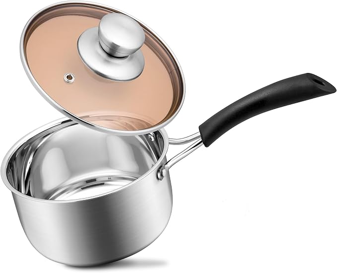 1QT Saucepan with Lid, Joyfair 18/10 Stainless Steel Small Sauce Pan Pot | Kitchen Cookware Milk Pot with Glass Lid for Cooking Stewing Boiling Spaghetti Soup, Heat-proof Handle, Dishwasher Safe