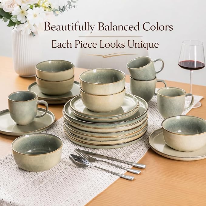 AmorArc Stoneware Dinnerware Sets for 6, 18Pcs Plates and Bowls Sets Dishes | Ceramic Round Reactive Glaze Dishes Set, Highly Scratch Resistant | Dishwasher & Microwave Safe Dishware