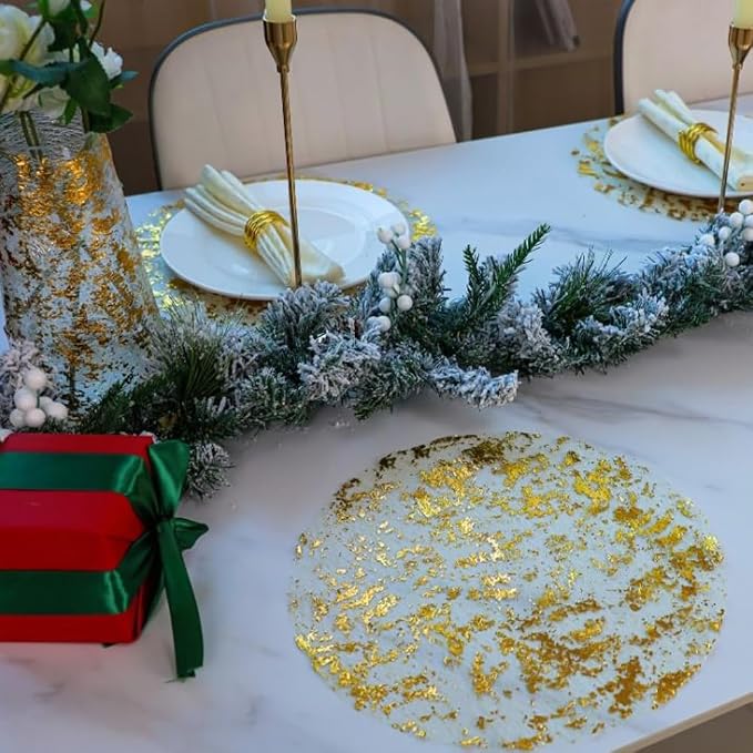 Snowkingdom 100 Pack Gold Disposable Placemats Foil Mesh 13 Inch Round Pressed Fall Table Mates 100 Set of Gold Doilies for Dining Table Wedding Birthday Party Holiday Home Decoration