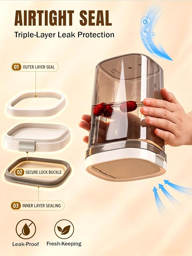 Lupow Airtight Coffee Canister with Magnetic Spoon, 1.8L BPA-Free Plastic Coffee Container for 20oz Ground Coffee & Beans, Dual Seal Locking Lid, Dark Brown Pantry Storage Jar