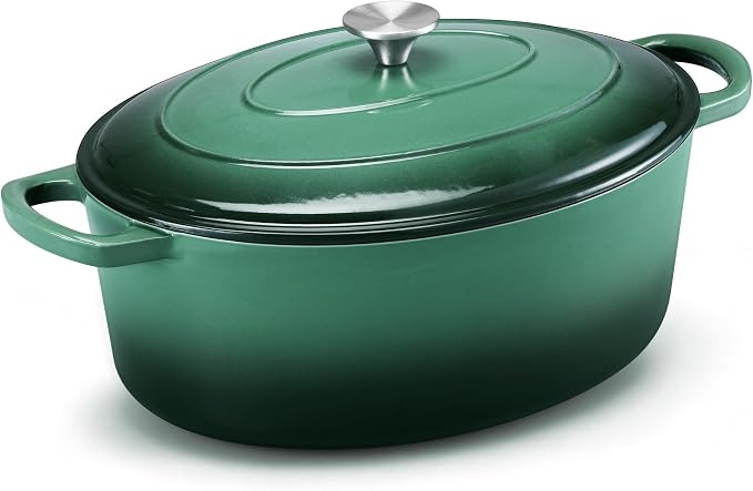 E-far 7QT Oval Dutch Oven Pot with Lid, Enameled Cast Iron Dutch Oven | with Dual Handles for Homemade Sourdough Bread Baking, Nonstick Enamel Coated Cookware, Non-Toxic & Easy Clean, Dark Green
