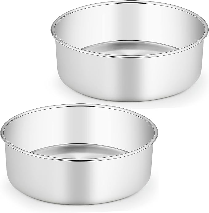TeamFar 8 Inch Cake Pan, 8” x 3” Stainless Steel Round Baking Pan Set of 2 | Layer Cake Baking Tins for Wedding Birthday Party, Non-Toxic, Heavy Duty, Deep Straight Side, Mirror Finish, Dishwasher Safe
