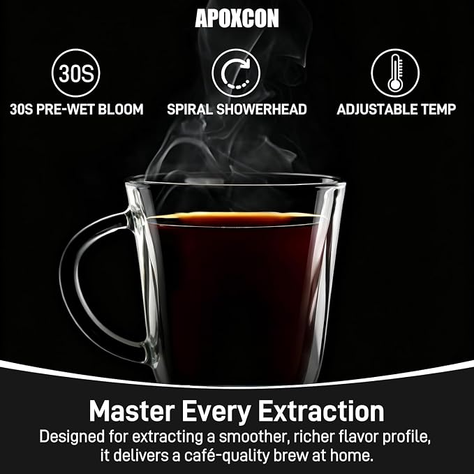 APOXCON Drip Coffee Maker, Automatic Pour Over Coffee Machine with Natural Filters for Home Brewer, Programmable Coffee Dripper with Built‑in Scale & Adjustable Strength, Single Serve or Full Carafe