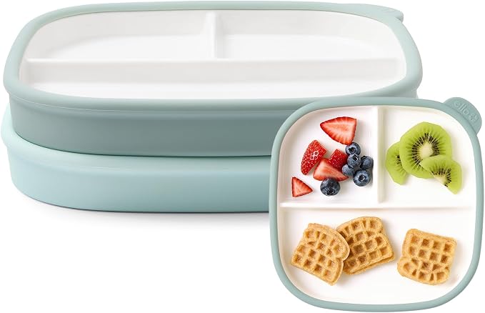 Ello Clean Start Ceramic Toddler Divided Plates, 2 Pack, Dewdrop/Grayed Jade