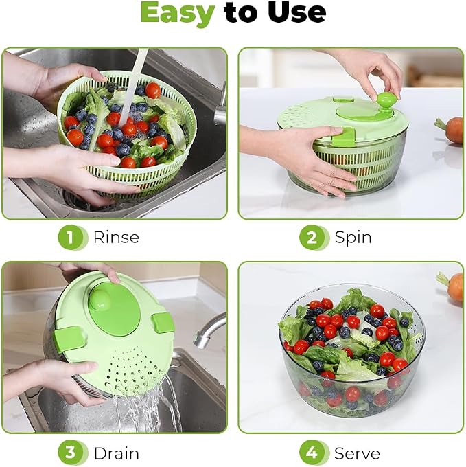 Salad Spinner 4.4 QT Lettuce Spinner with Bowl and Mesh Basket | Compact Space-saver, Fruit and Vegetable Washer for Washing, Spinning, and Draining