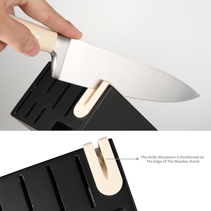 16-Piece Extra-Long Handle German Steel Knife Set with Block | Creamy White Cutlery For Large Hands & Better Leverage. Features Built-In Sharpener, Shears & Modern Base