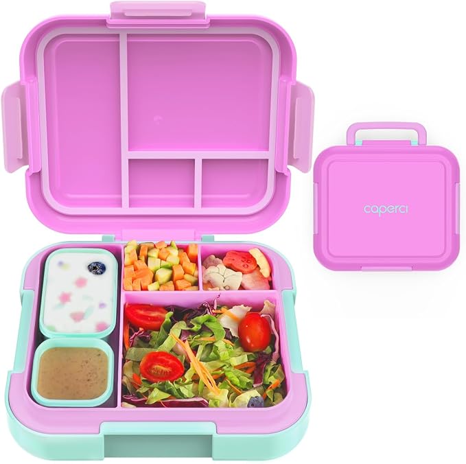 Caperci Bento Box for Kids Age 4-8 - 4.8 Cups Lunch Box with 2 Modular Containers - 4 Compartments Lunch Container, Leak-Proof, Portable Handle, Microwave/Dishwasher Safe (Orchid/Light Cyan)
