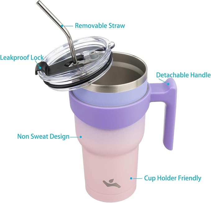 Konokyo 30 oz Tumbler with Handle and Straw, Insulated Travel Mug | Pastel Sunset; BPA-free, leak-proof tumbler with 2 lids, 2 straws, cup holder fit for coffee, office, travel & daily use