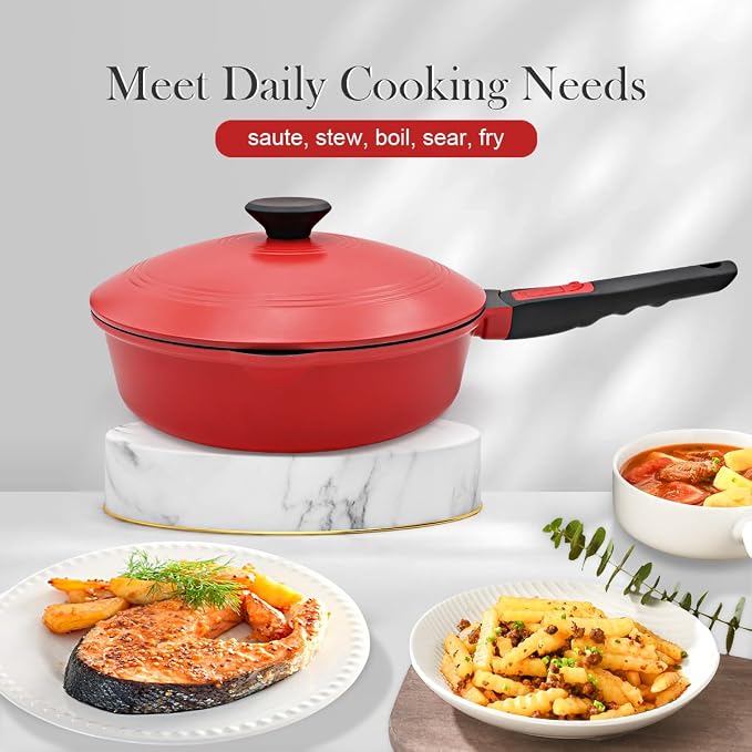 10 Inch Deep Frying Pan Skillet with Lid, Saute Pan Nonstick, Red | Detachable Handle, Suitable for All Stoves, Including Induction, PTFE & PFAS & PFOA Free, Oven Safe