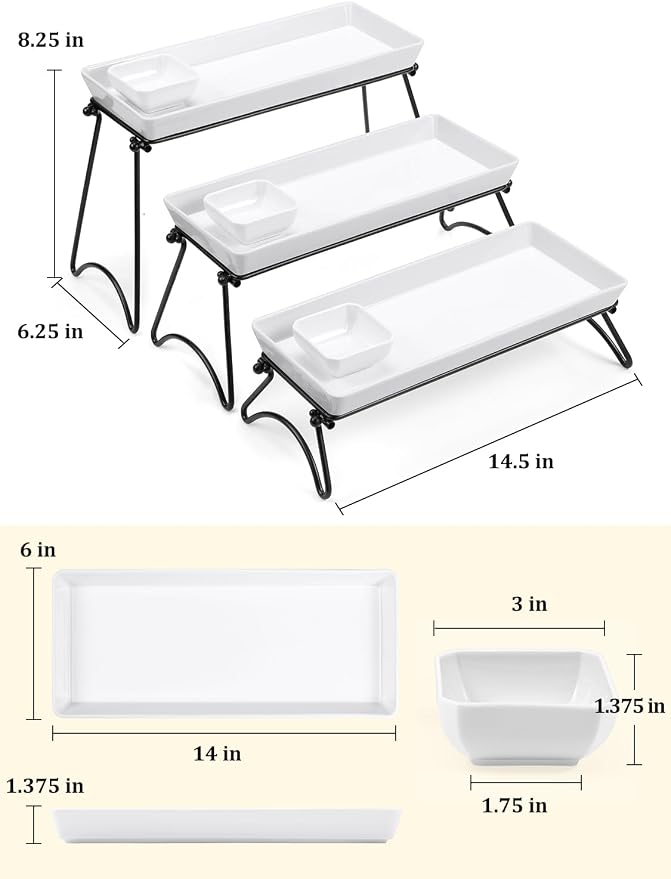 3 Tier Serving Tray Set, 14" White Porcelain Platters with Collapsible Metal Stands, Tiered Serving Stand for Party Food Display, Cupcakes, Desserts, Fruit & Appetizers | 3*Porcelain Durable Serving Plates, Microwave/Dishwasher Safe, Modern Cupcake Fru...
