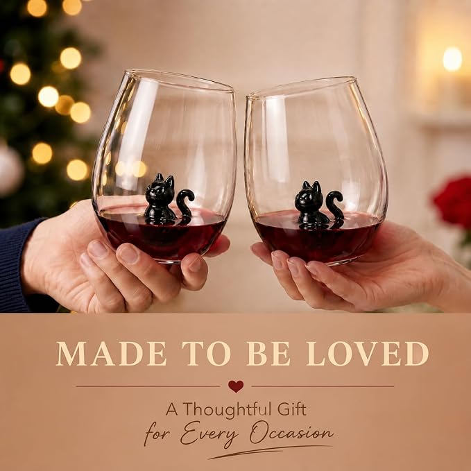 3D Black Cat Stemless Wine Glass Set of 2, Cat Decor Hand Blown Drinking Glasses, BlackCat Lover Gifts for Women Halloween Birthday Wedding Party Dad Gifts Cute Mothers Day Gift (14oz)