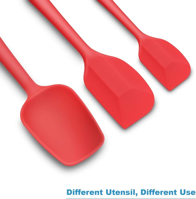 3-Piece Silicone Spatula Set, 600°F Heat Resistant, Red | Stainless Steel Core, Silicone Rubber Spatulas for Nonstick Pans, Spatula, Spoonula and Mini Spatula for Cooking and Baking