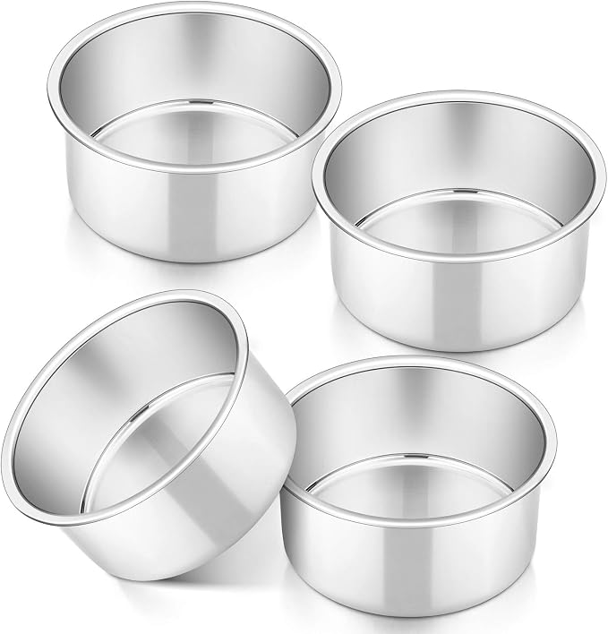 P&P CHEF 4 Inch Cake Pan Set of 4, Stainless Steel Round Cake Pans Tins | Baking Round Cake Bakeware for Birthday Wedding, Leak-proof & Mirror Finish & Easy Releasing, Dishwasher Safe