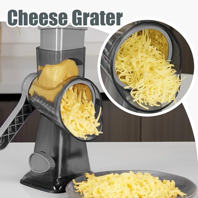Rotary Cheese Grater Pro 6 in 1 - Shredder Crinkle Slicer Grinder Ice Shaver, Stable Suction, Time-saving Easy Use & Clean, Safe Morden Kitchen Tool for Cheese, Vegetable, Nuts, Chocolate