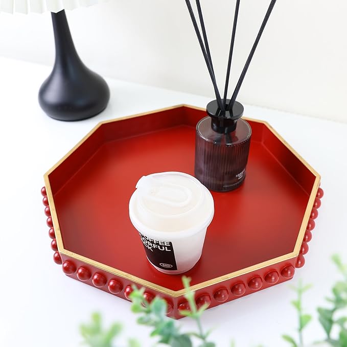 Red Serving Tray for Coffee Table, Octagonal Beaded Plastic Decorative Tray for Ottoman, Kitchen Counter, Living Room, Outdoor Lacquer Tray for Entertaining