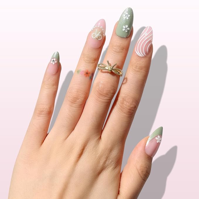 Nail Reformation Press On Nails, Garden of Pearls Short Almond Fake Nails | 15 Sizes 30 Pcs Floral French on Pink Green Shimmer Base in Glossy Finish, Reusable Stick On Nail Kit for Women Gifts