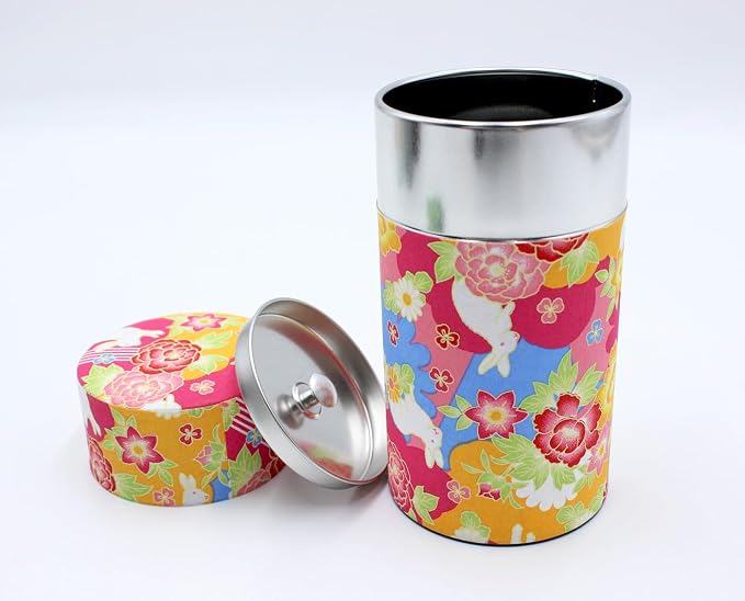 Japanese Pokkan Matcha Coffee Spice Tea Tin Canister Washi Paper Storage with Lid 7.05 oz Capacity (Hana Usagi)