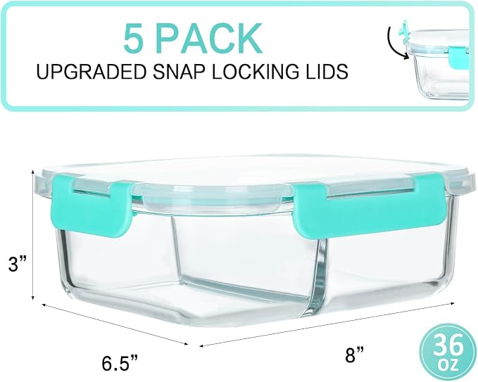M MCIRCO 5 Pack,36 oz, 2 Compartments Glass Meal Prep Containers with Lids | Divided Glass Food Storage Containers, Portion Control Lunch Containers, Microwave, Oven, Freezer, Dishwasher, Green