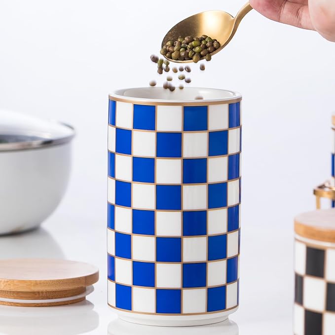 Kitchen Countertop Ceramic Checkered Canisters,Black And White Food Storage Containers With Lid,Airtight Kitchen Canisters for Flour, Sugar, Coffee, Tea, and Dry Goods (Blue, Large)