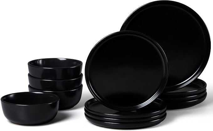 LIANYU Porcelain Dinnerware Sets, 12 Piece Dishes Set for 4, Black Onyx | Ceramic Durable Plates and Bowls, Chip and Scratch Resistant Dishware Dishes Set, Dishwasher & Microwave Safe Stoneware Set