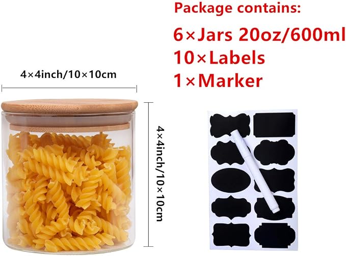 6Pcs 20oz Glass Storage Jars, Airtight Bamboo Lid Containers With Labels | Moisture Resistant Seal, Transparent Visible Tank, Large Capacity, Cabinet Space Saving, Convenient Classification Marking