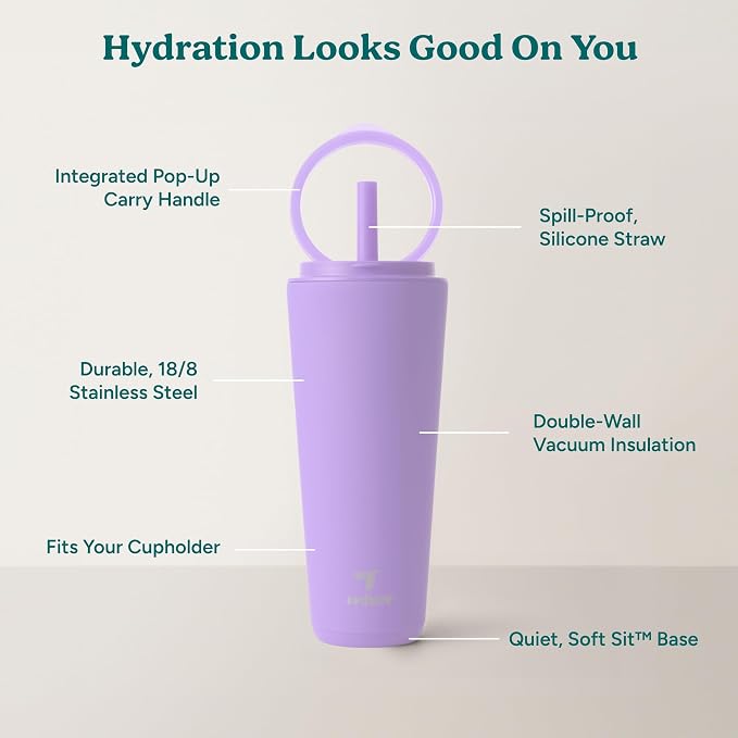REDUCE Halo 32 oz Stainless Steel Vacuum Insulated Tumbler - Spill Proof Travel Mug with Flip Handle Lid - Keeps Drinks Cold for 32 Hrs - Dishwasher Safe - Cupholder Friendly - Purple Punch