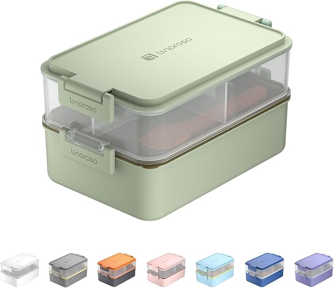Stackable 2-Tier Adult Bento Box, 4 Compartments - Pale Mint | leakproof bento lunch box with fork & spoon + sauce cups, microwave/dishwasher safe, perfect for office, school & daily meals