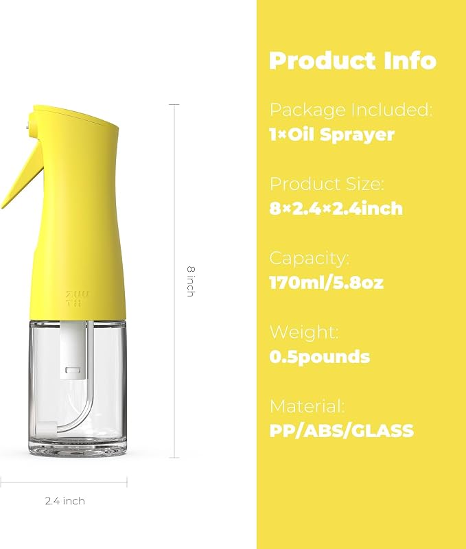 Zuutii Oil Sprayer for Cooking, 170ml Olive Oil Sprayer Mister, Olive Oil Spray Bottle for Salad, BBQ, Continuous Spray with Portion Control, Kitchen Baking, Roasting,Hairstyling,Lemon Yellow