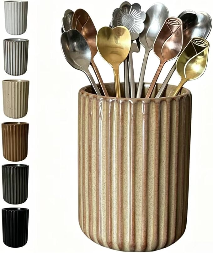 TOPYOKK Stoneware Coffee Bar Utensil Holder Tea & Coffee Spoon & Stirrer Holder for Stir Stick Straw Teaspoon Holder Espresso Spoon Cup Small Utensil Jar Fluted Vertical Stripe (Rustic Brown)